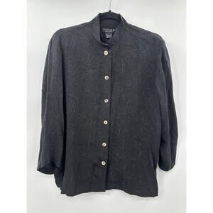 Citron 100% Silk Black Button Down Textured Floral Leaf Print Short Sleeve Small